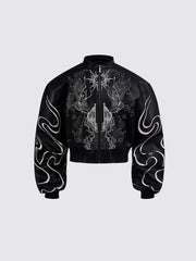 Short-sleeved embroidered leather stand-up collar coat