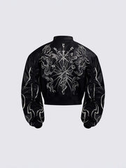 Short-sleeved embroidered leather stand-up collar coat
