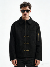 An airplane-themed retro suede coat