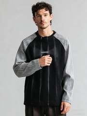Patchwork washed stripe printed long-sleeved top