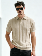 Linen blended jacquard collar T-shirt