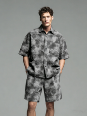 Textured Beachwear Cuban Short-Sleeved Shirt Set