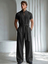 Linen stand-up collar single-button jumpsuit