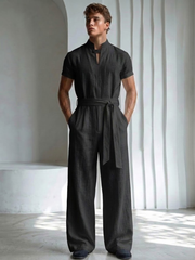 Linen stand-up collar single-button jumpsuit