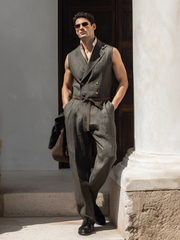 Deep Olive Sleeveless Lapel Jumpsuit (Belt Not Included)