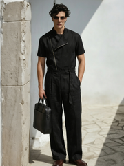 Men's Blended Short-Sleeve Jumpsuit with Side Zipper