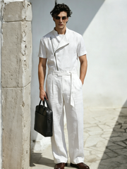 Men's Blended Short-Sleeve Jumpsuit with Side Zipper