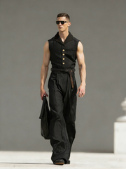 Men's Linen Jumpsuit with Seagull Collar (Belt Not Included)