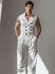 Sleeveless, Semi-Stand Collar, Double-Breasted Linen Jumpsuit