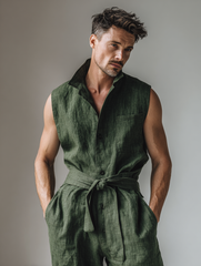 Men's Cotton-Linen Sleeveless Jumpsuit with Stand Collar