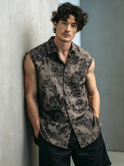 Men's Casual Cotton-Linen Printed Sleeveless Shirt