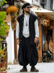Men's Black Sleeveless Robe and Cargo Pants Set