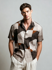 Chemise décontractée sans manches en lin à imprimé géométrique pour homme
