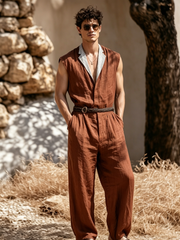 Men's Cotton-Linen Color-Block Casual Sleeveless Jumpsuit (Belt Not Included)