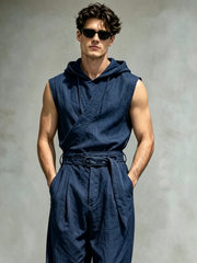 Men's Cotton-Linen Sleeveless Hooded Jumpsuit