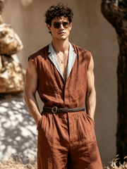 Men's Cotton-Linen Color-Block Casual Sleeveless Jumpsuit (Belt Not Included)