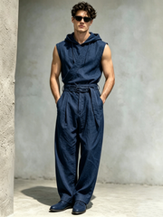 Men's Cotton-Linen Sleeveless Hooded Jumpsuit