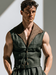 Men's Cotton-Linen Color-Block Casual Jumpsuit