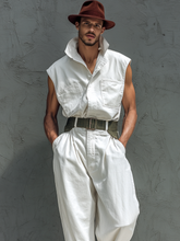 White Stylish Cargo Sleeveless Stand Collar Jumpsuit