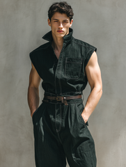 Black Stylish Cargo Sleeveless Stand Collar Jumpsuit
