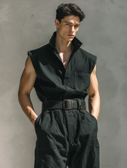 Black Stylish Cargo Sleeveless Stand Collar Jumpsuit