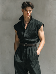 Black Stylish Cargo Sleeveless Stand Collar Jumpsuit