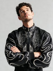 Short-sleeved embroidered leather stand-up collar coat