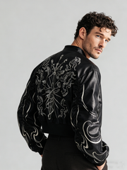 Short-sleeved embroidered leather stand-up collar coat