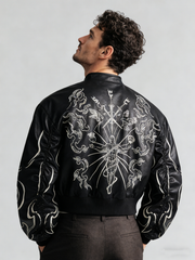 Short-sleeved embroidered leather stand-up collar coat