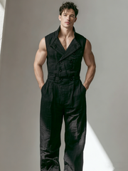 Sleeveless, Semi-Stand Collar, Double-Breasted Linen Jumpsuit
