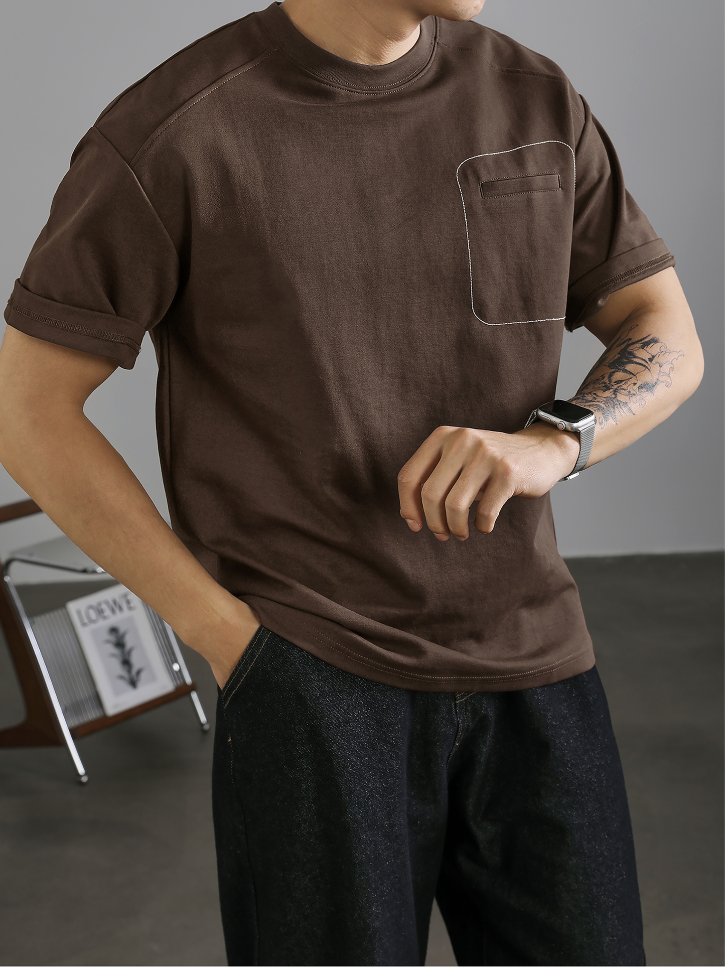 Men's casual fake pocket T-shirt with clear line design