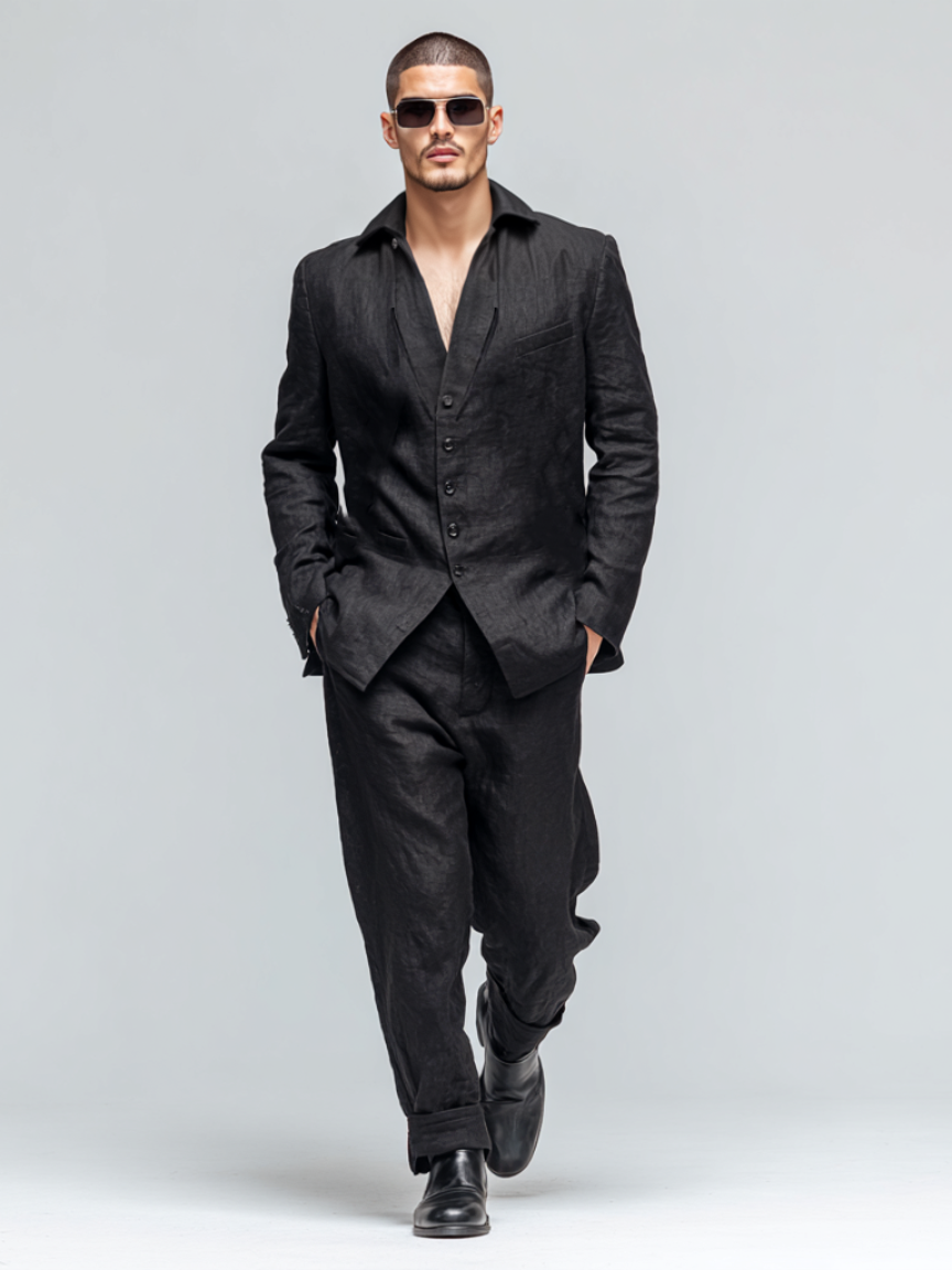 Men's linen lapel front V-shaped design suit