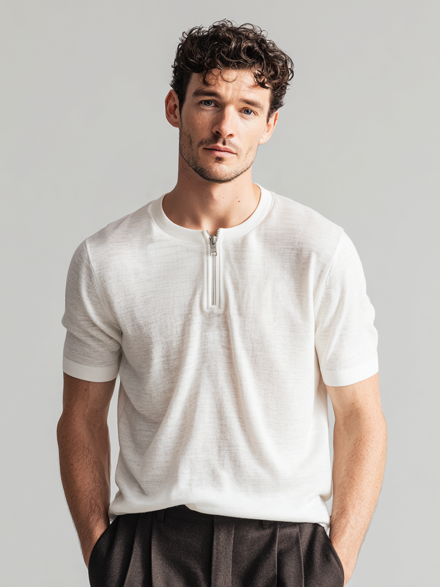 Men's casual round-neck zipper T-shirt