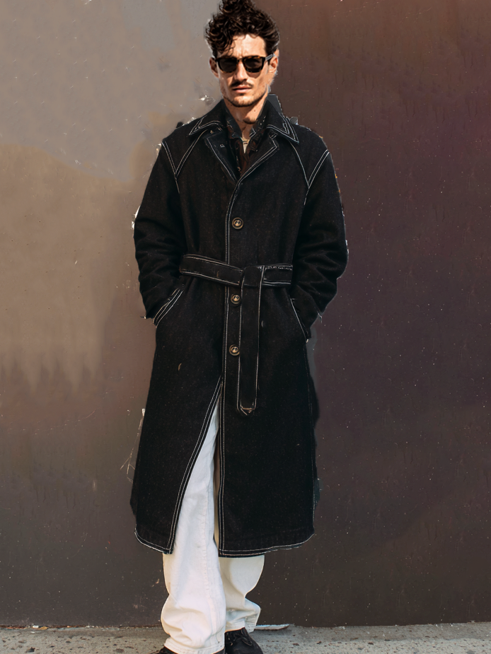 Men's long lapel contrasting color line coat (with belt) Men's long lapel contrasting color line coat (with belt)