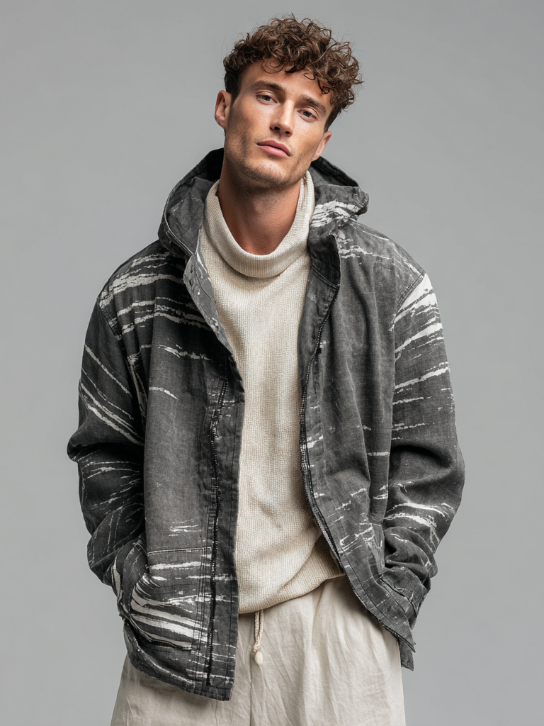 Striped printed hooded jacket