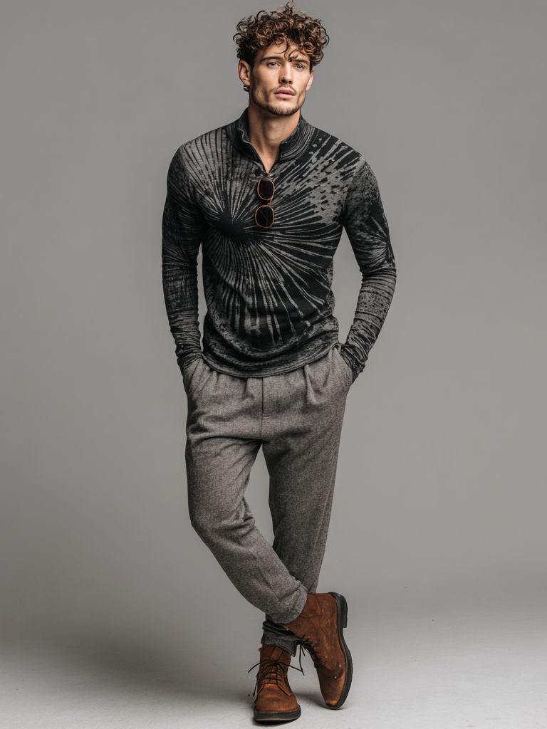 Men's stand-up collar radiant print top