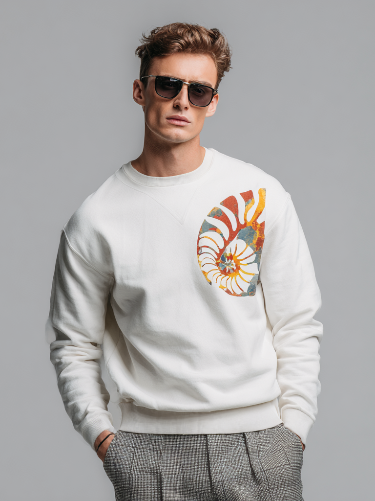 Men's long-sleeved top with pure cotton conch print Men's long-sleeved top with pure cotton conch print