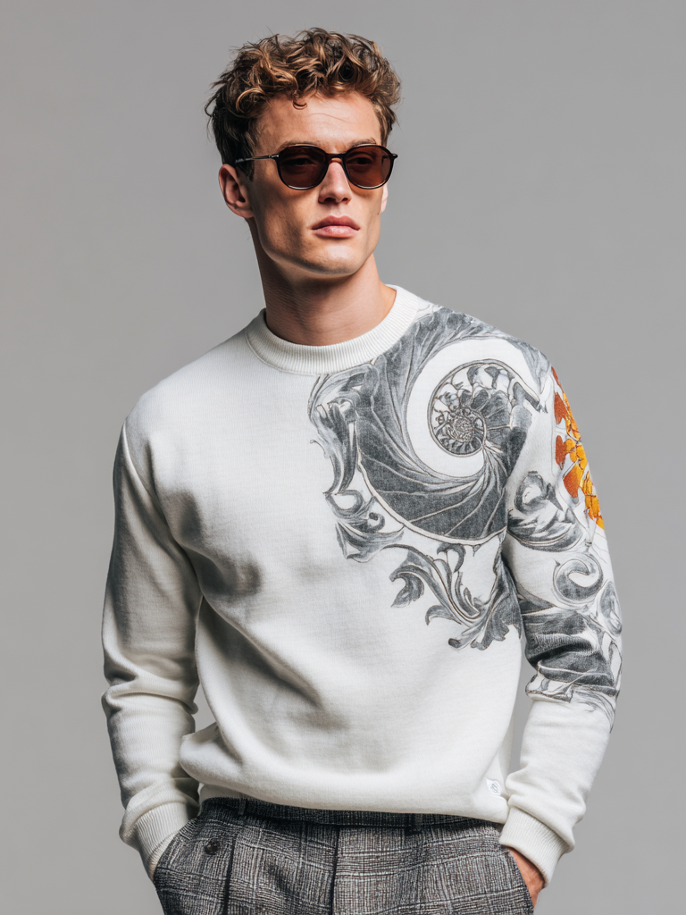 Men's long-sleeved top with pure cotton conch print Men's long-sleeved top with pure cotton conch print