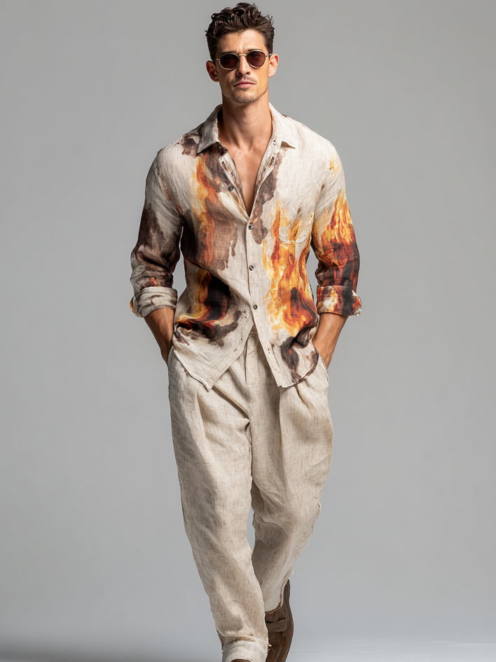 Men's cotton and linen flame-printed long-sleeved top Men's cotton and linen flame-printed long-sleeved top