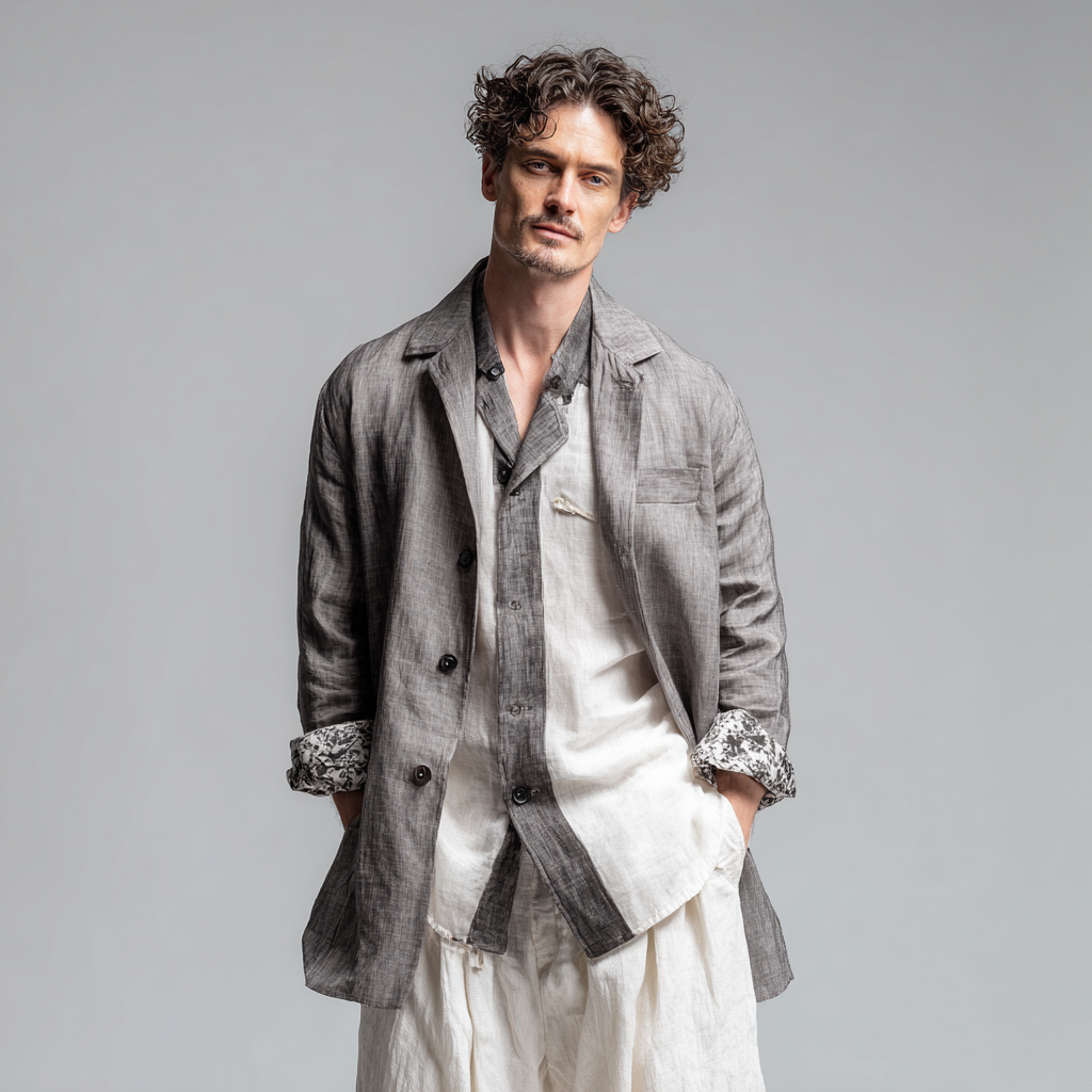 Men's casual linen jacket (with printed cuffs) Men's casual linen jacket (with printed cuffs)