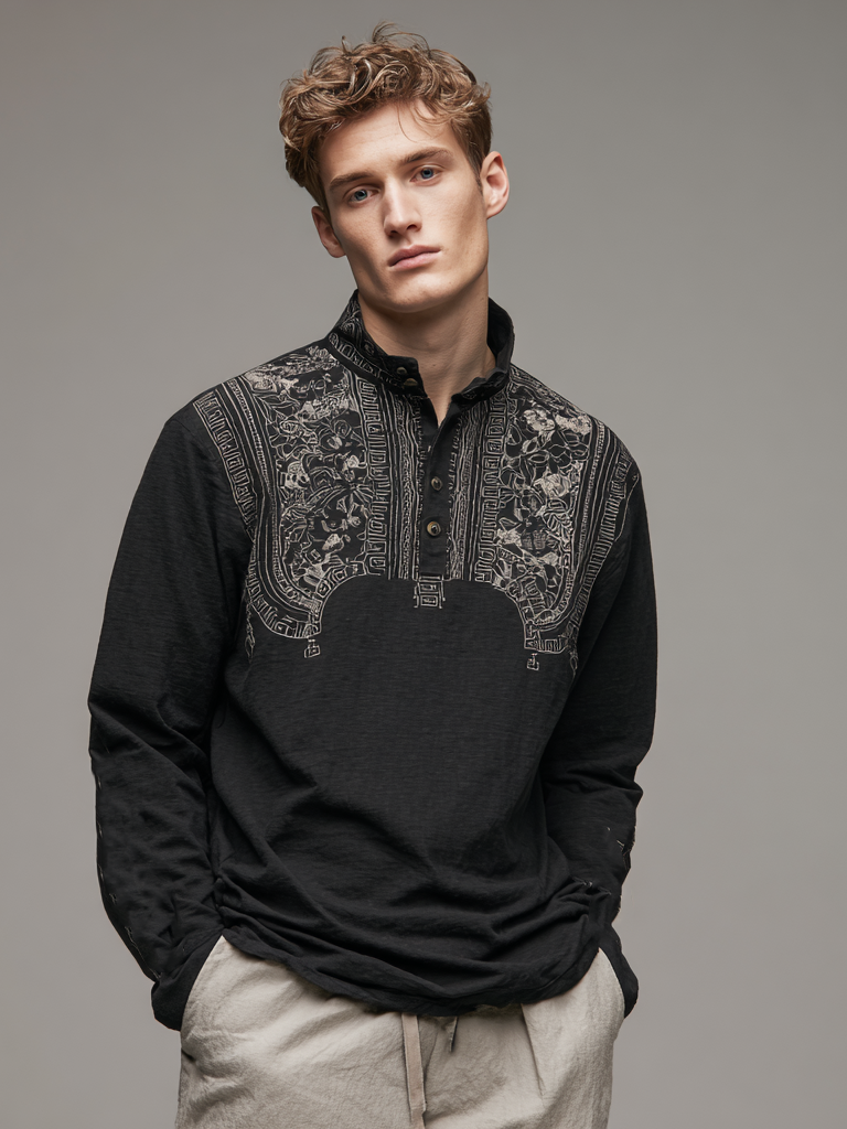 Men's linen stand-up collar printed long-sleeved top