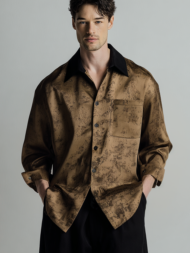 Men's casual color-blocking collar printed shirt