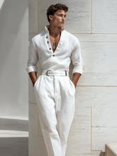 Men's linen stand-up neck V-neck jumpsuit (with belt)