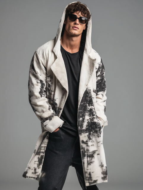 Men's corduroy hooded, folded and faulty style printed robe Men's corduroy hooded, folded and faulty style printed robe
