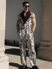 Men's Color-Block Cotton-Linen Printed Sleeveless Jumpsuit