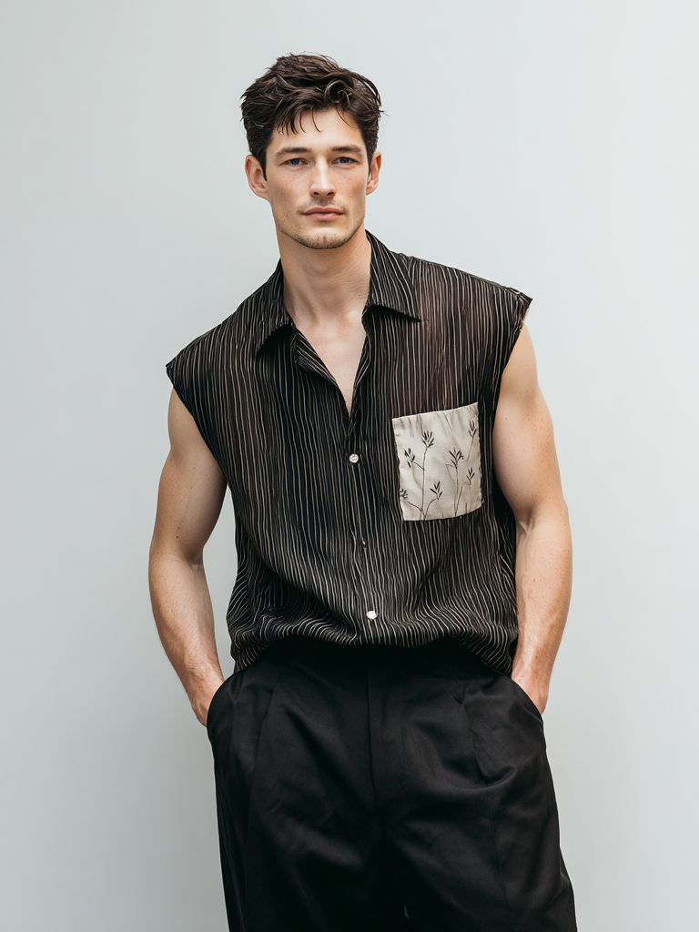 Men's casual linen pocket floral print shirt with contrasting colors Men's casual linen pocket floral print shirt with contrasting colors