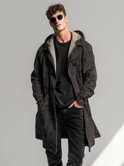 Men's hooded diamond-shaped printed corduroy robe Men's hooded diamond-shaped printed corduroy robe