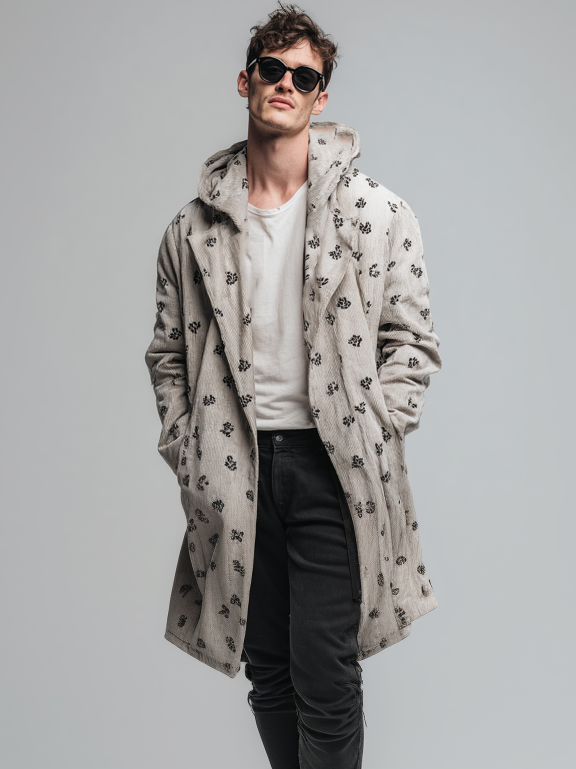 Men's corduroy hooded folding small floral print long robe