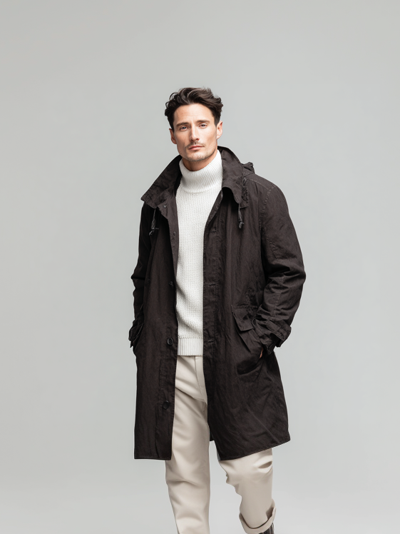 Men's casual long hooded trench coat