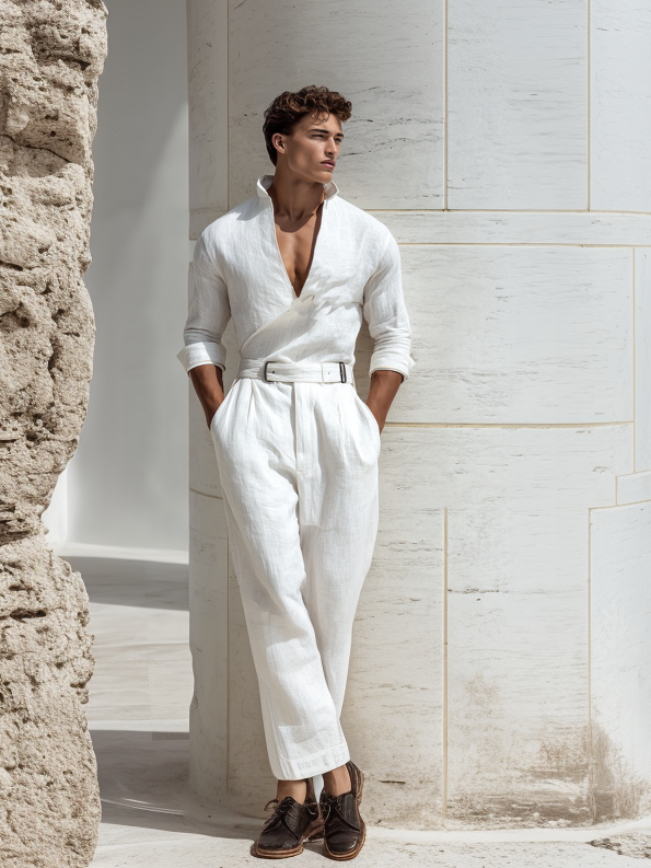 Men's fashionable linen stand-up collar jumpsuit (without belt) Men's fashionable linen stand-up collar jumpsuit (without belt)